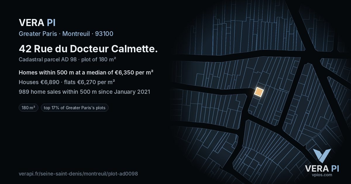 42 Rue du Docteur Calmette, Montreuil at night – the plot lit, the parcels around coloured by the prices near them