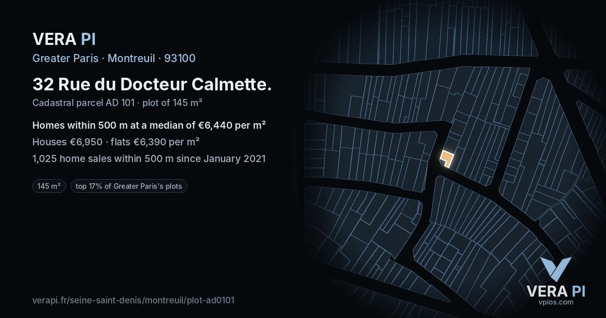 32 Rue du Docteur Calmette, Montreuil at night – the plot lit, the parcels around coloured by the prices near them