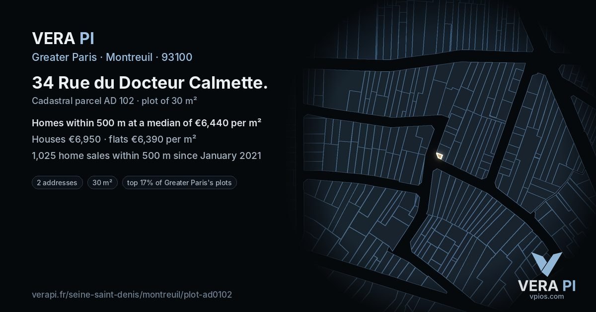 34 Rue du Docteur Calmette, Montreuil at night – the plot lit, the parcels around coloured by the prices near them