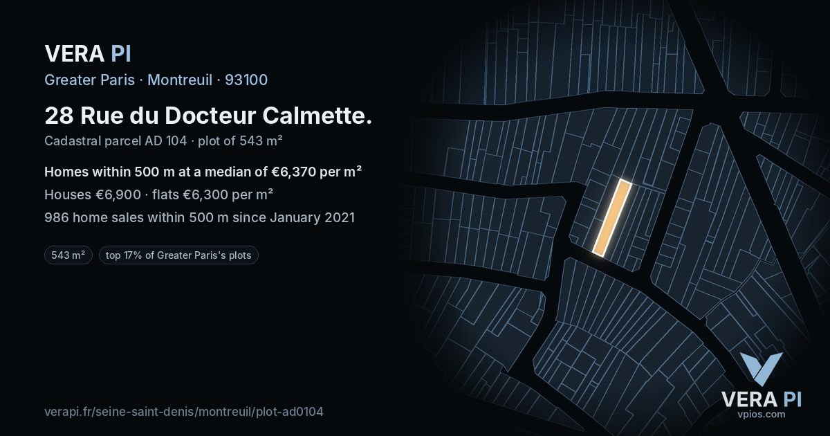 28 Rue du Docteur Calmette, Montreuil at night – the plot lit, the parcels around coloured by the prices near them