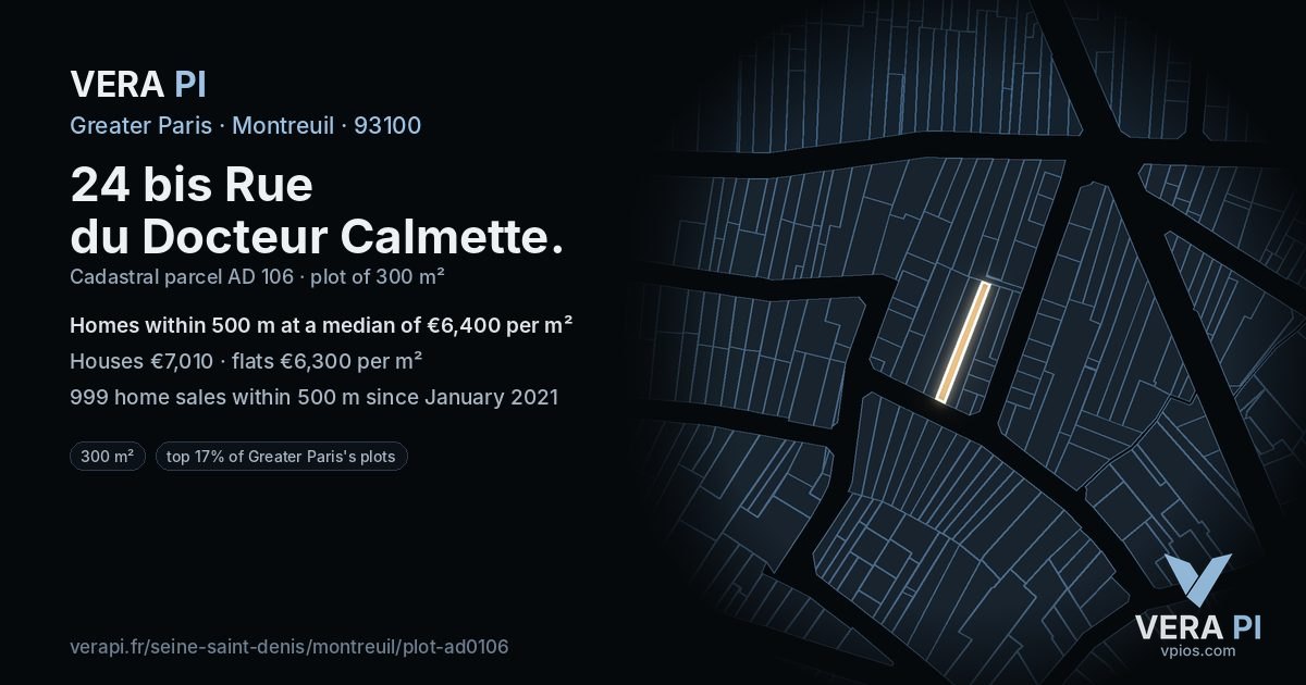 24 bis Rue du Docteur Calmette, Montreuil at night – the plot lit, the parcels around coloured by the prices near them