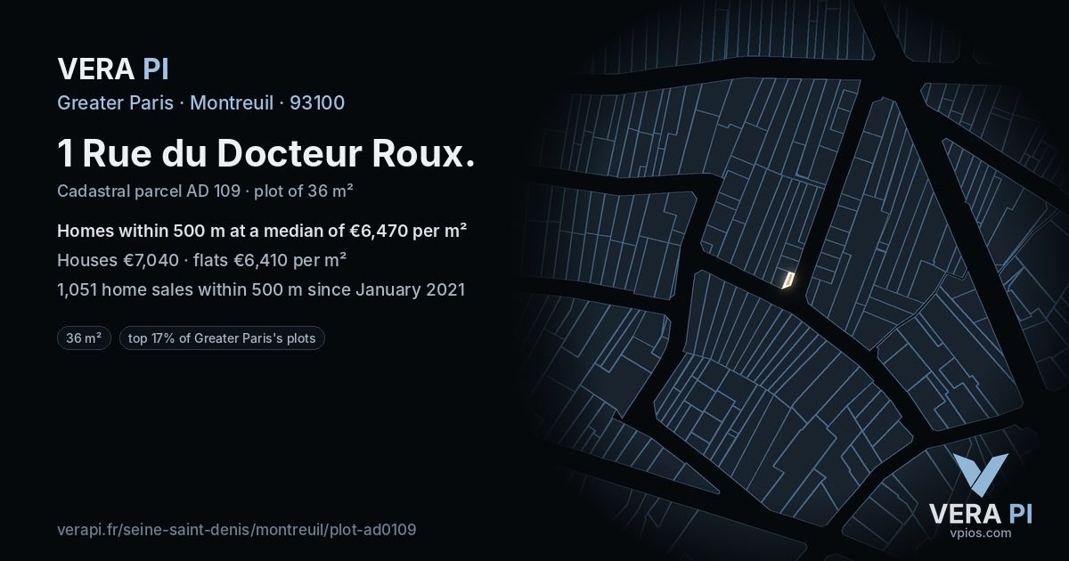 1 Rue du Docteur Roux, Montreuil at night – the plot lit, the parcels around coloured by the prices near them