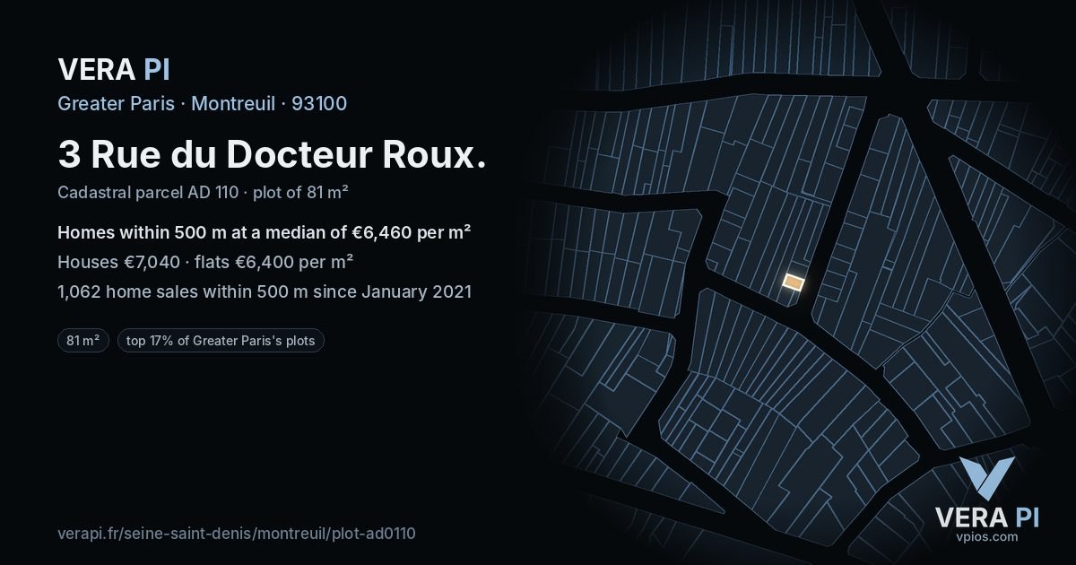 3 Rue du Docteur Roux, Montreuil at night – the plot lit, the parcels around coloured by the prices near them
