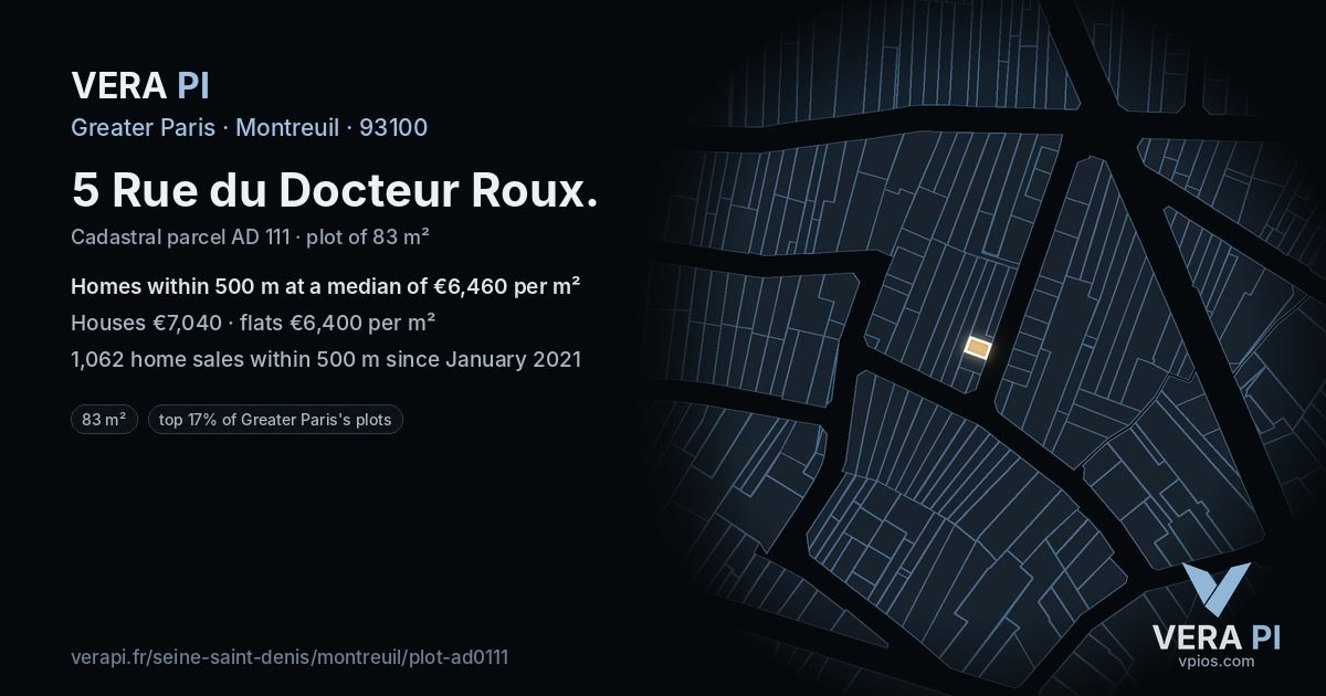 5 Rue du Docteur Roux, Montreuil at night – the plot lit, the parcels around coloured by the prices near them