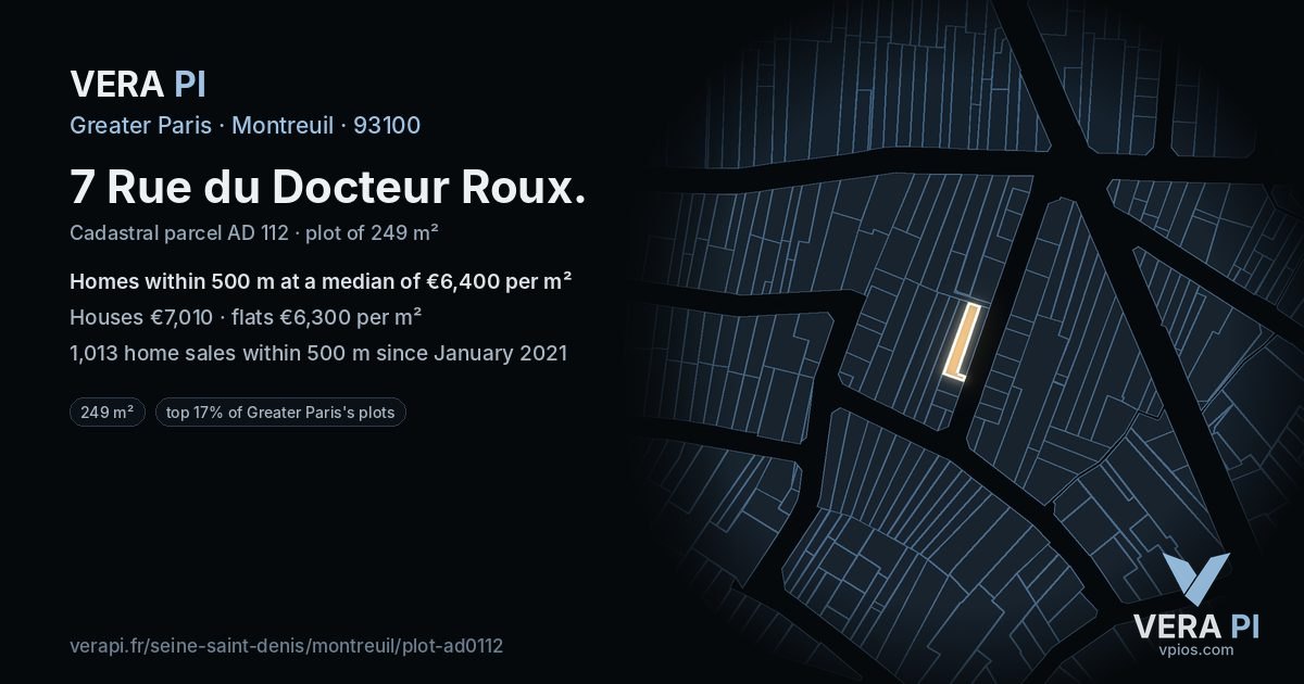 7 Rue du Docteur Roux, Montreuil at night – the plot lit, the parcels around coloured by the prices near them