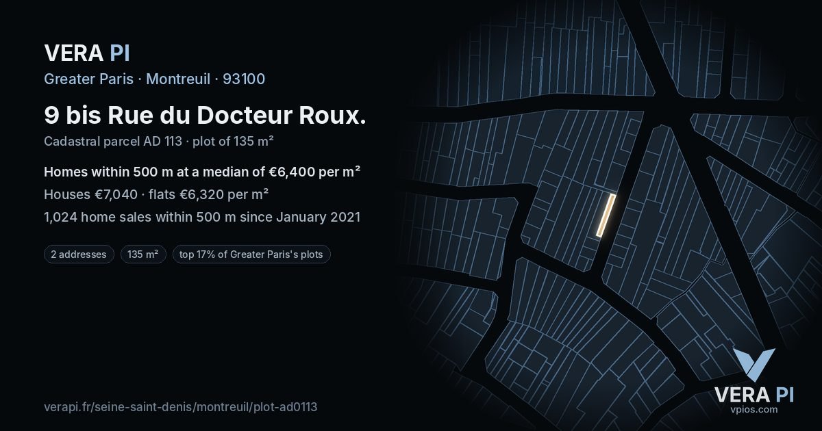 9 bis Rue du Docteur Roux, Montreuil at night – the plot lit, the parcels around coloured by the prices near them