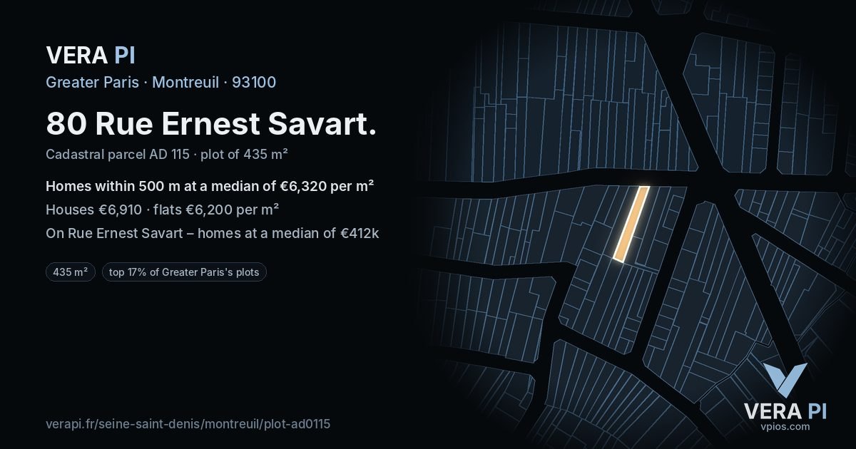 80 Rue Ernest Savart, Montreuil at night – the plot lit, the parcels around coloured by the prices near them