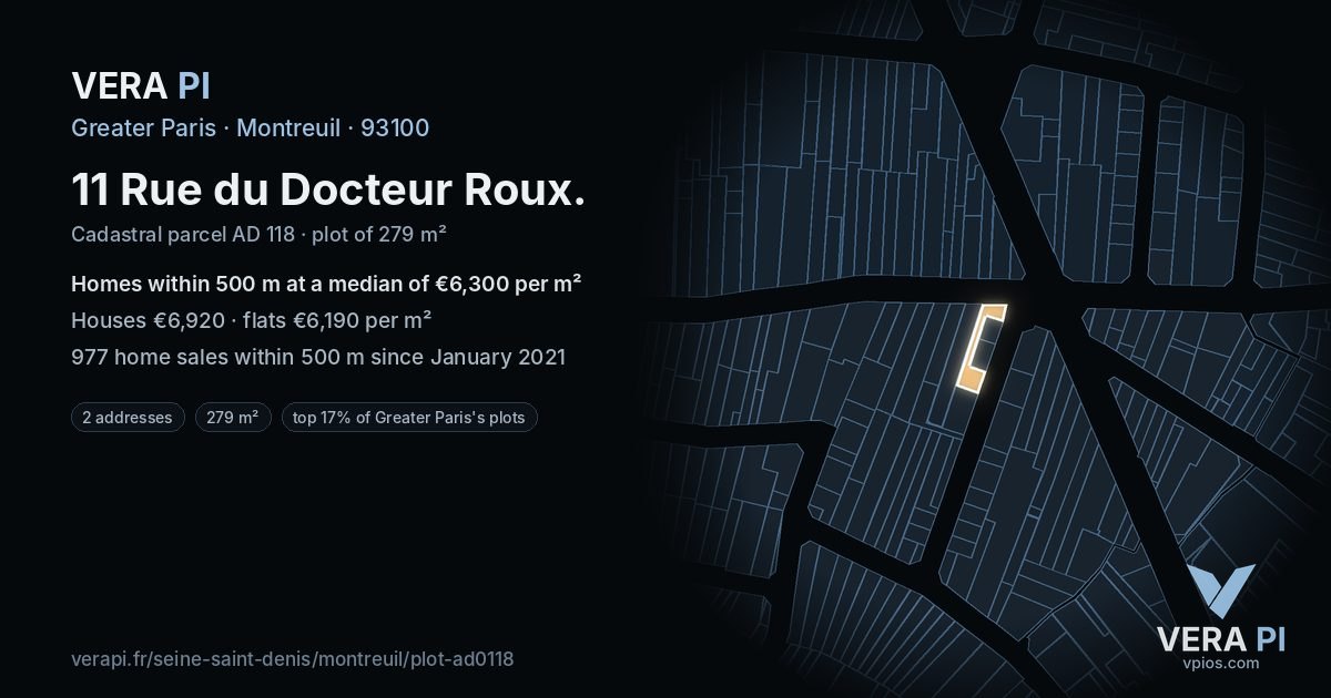 11 Rue du Docteur Roux, Montreuil at night – the plot lit, the parcels around coloured by the prices near them