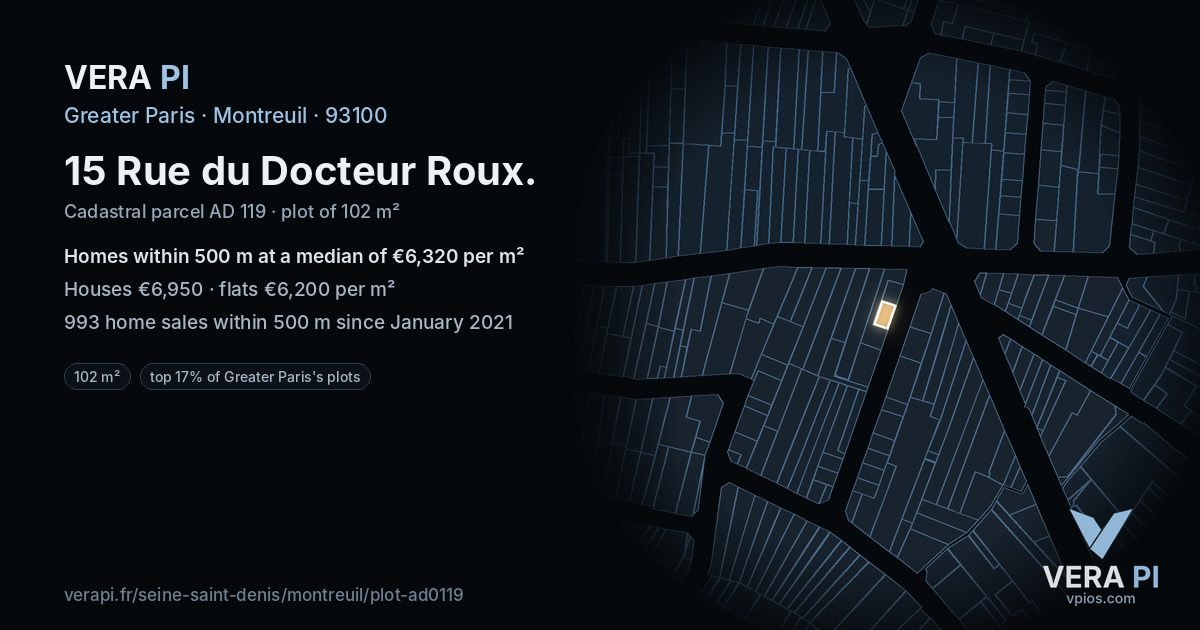 15 Rue du Docteur Roux, Montreuil at night – the plot lit, the parcels around coloured by the prices near them