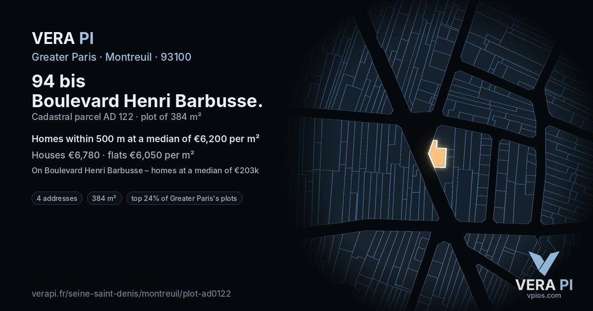 94 bis Boulevard Henri Barbusse, Montreuil at night – the plot lit, the parcels around coloured by the prices near them