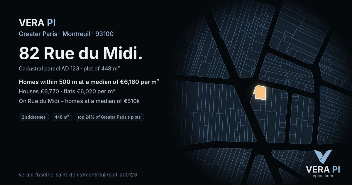 82 Rue du Midi, Montreuil at night – the plot lit, the parcels around coloured by the prices near them