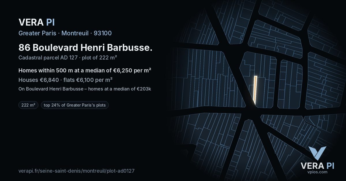86 Boulevard Henri Barbusse, Montreuil at night – the plot lit, the parcels around coloured by the prices near them