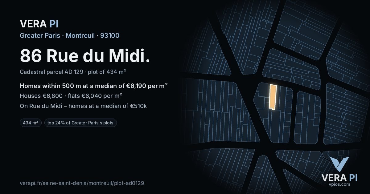 86 Rue du Midi, Montreuil at night – the plot lit, the parcels around coloured by the prices near them