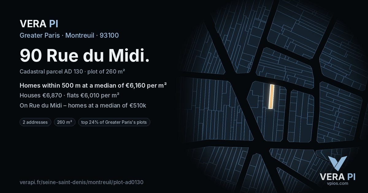 90 Rue du Midi, Montreuil at night – the plot lit, the parcels around coloured by the prices near them