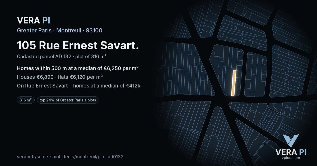 105 Rue Ernest Savart, Montreuil at night – the plot lit, the parcels around coloured by the prices near them