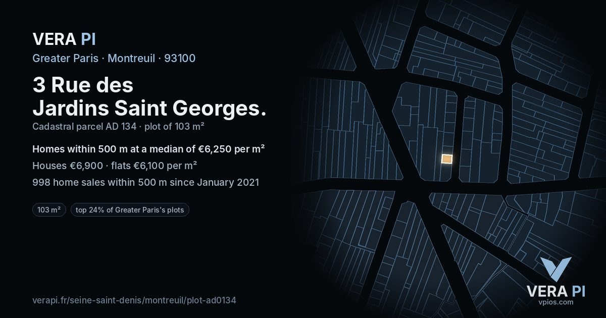 3 Rue des Jardins Saint Georges, Montreuil at night – the plot lit, the parcels around coloured by the prices near them
