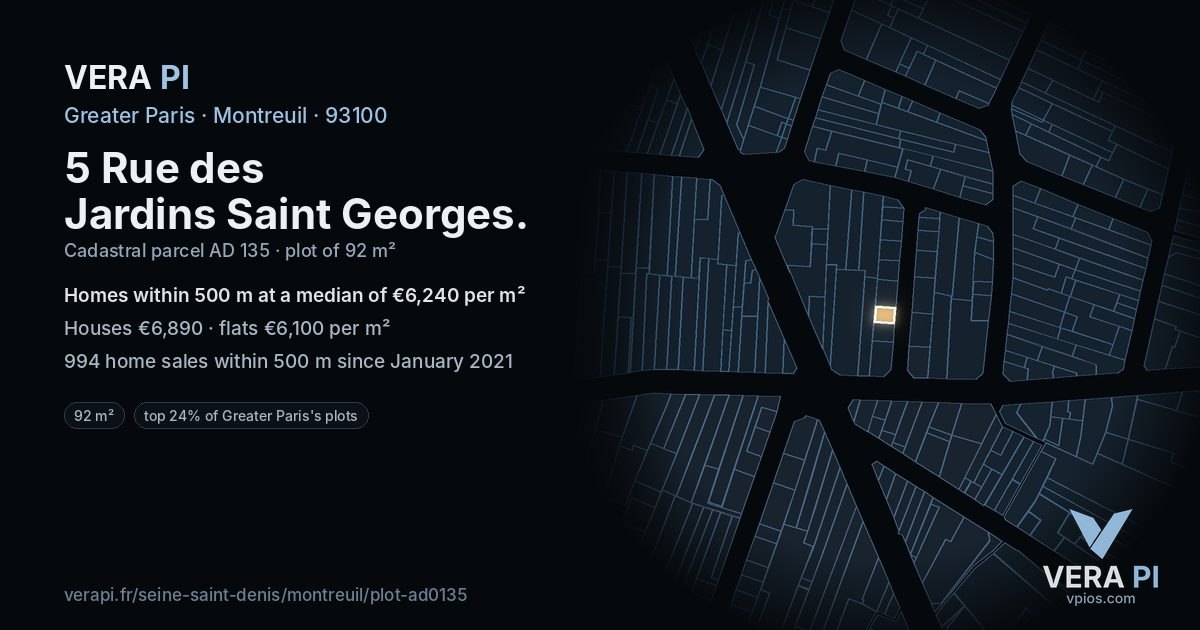 5 Rue des Jardins Saint Georges, Montreuil at night – the plot lit, the parcels around coloured by the prices near them