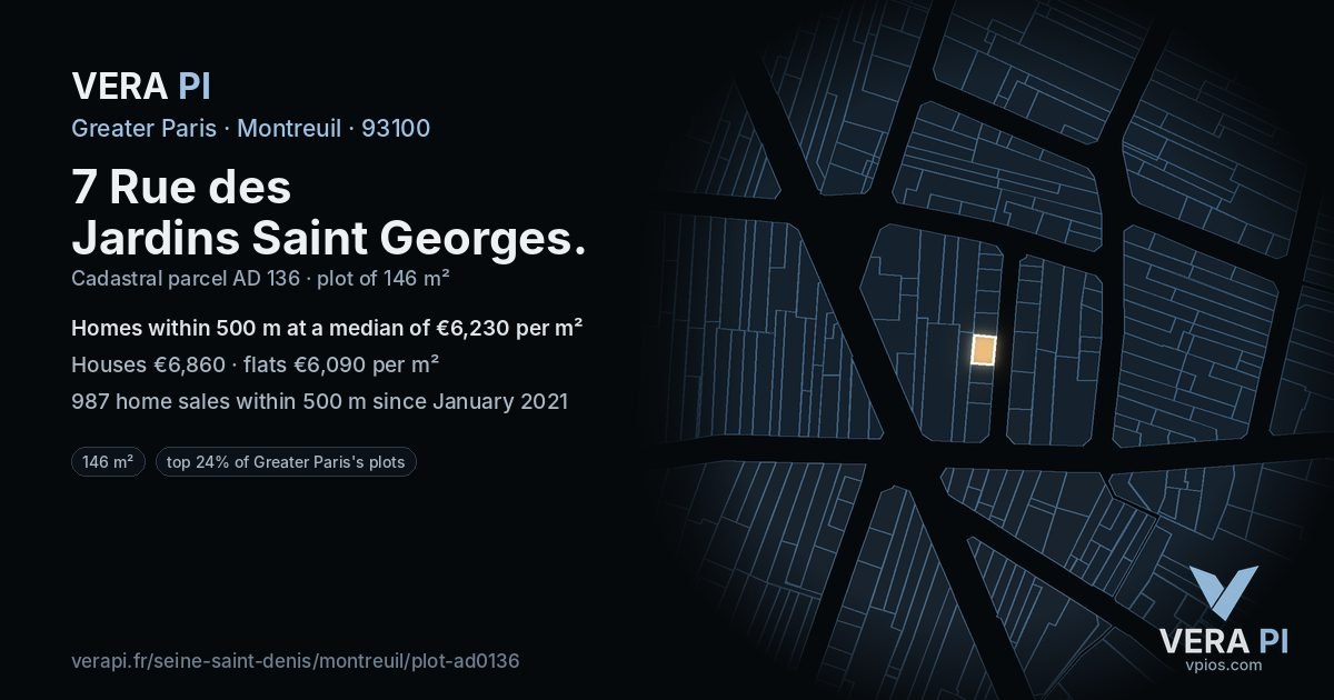 7 Rue des Jardins Saint Georges, Montreuil at night – the plot lit, the parcels around coloured by the prices near them