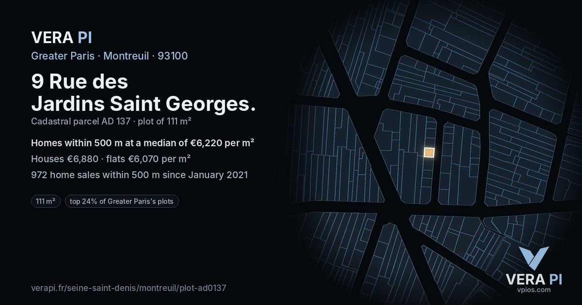 9 Rue des Jardins Saint Georges, Montreuil at night – the plot lit, the parcels around coloured by the prices near them