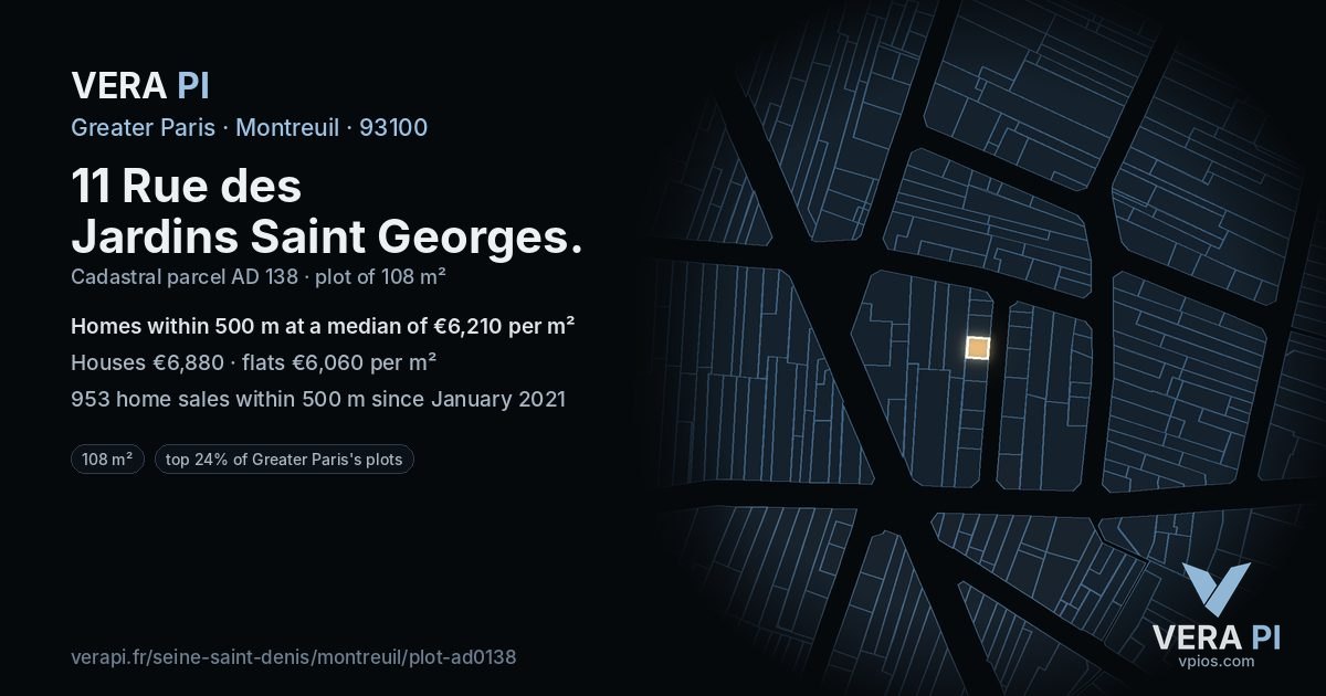 11 Rue des Jardins Saint Georges, Montreuil at night – the plot lit, the parcels around coloured by the prices near them