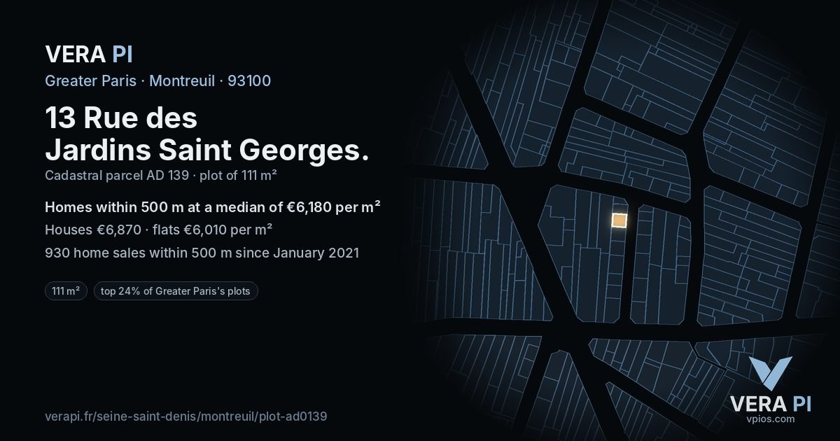 13 Rue des Jardins Saint Georges, Montreuil at night – the plot lit, the parcels around coloured by the prices near them