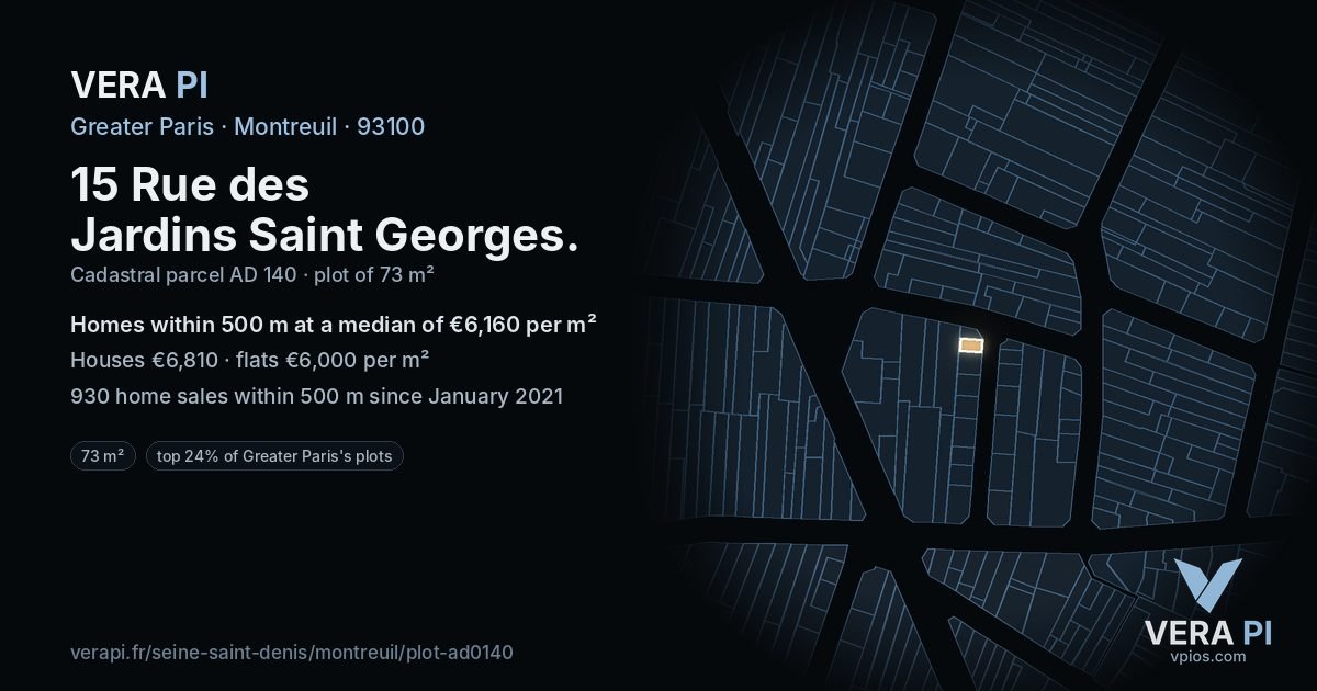 15 Rue des Jardins Saint Georges, Montreuil at night – the plot lit, the parcels around coloured by the prices near them