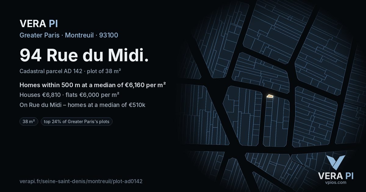 94 Rue du Midi, Montreuil at night – the plot lit, the parcels around coloured by the prices near them