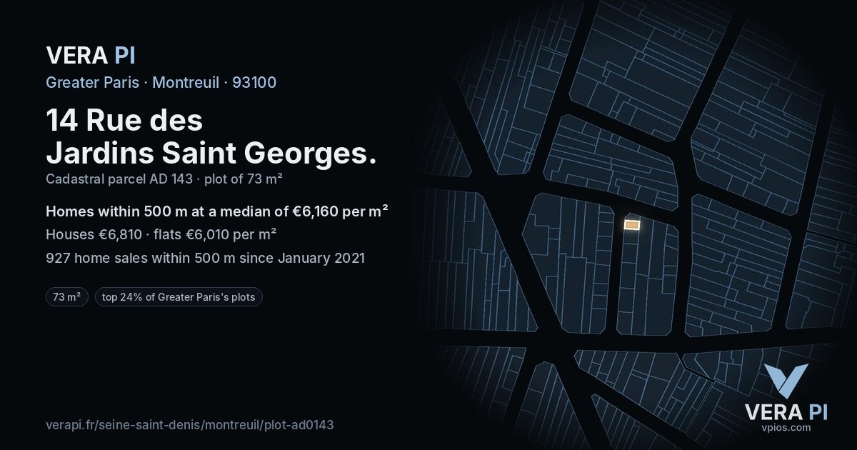 14 Rue des Jardins Saint Georges, Montreuil at night – the plot lit, the parcels around coloured by the prices near them