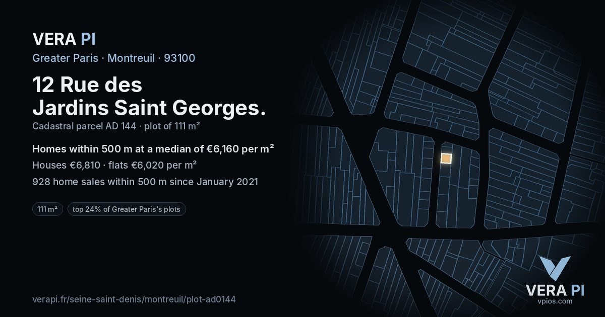 12 Rue des Jardins Saint Georges, Montreuil at night – the plot lit, the parcels around coloured by the prices near them