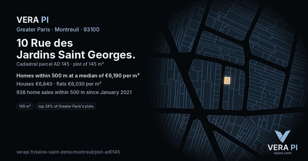 10 Rue des Jardins Saint Georges, Montreuil at night – the plot lit, the parcels around coloured by the prices near them