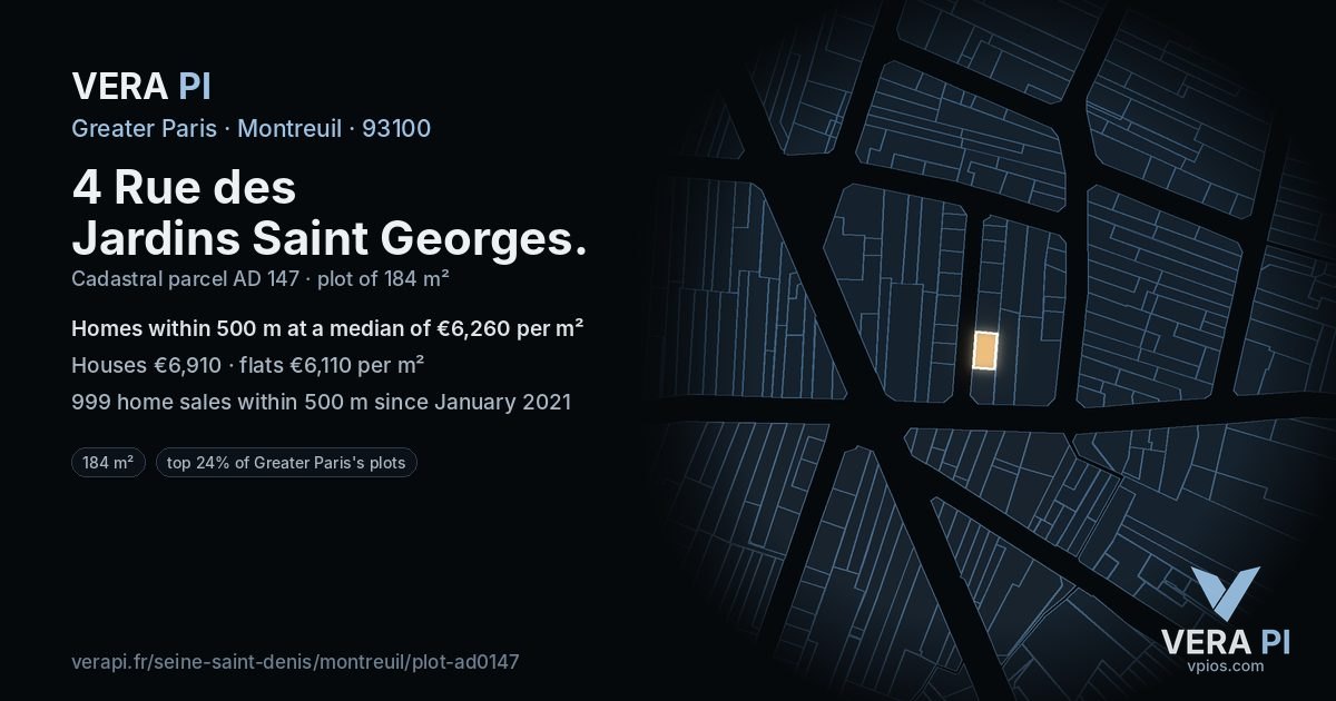 4 Rue des Jardins Saint Georges, Montreuil at night – the plot lit, the parcels around coloured by the prices near them