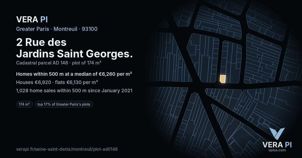 2 Rue des Jardins Saint Georges, Montreuil at night – the plot lit, the parcels around coloured by the prices near them