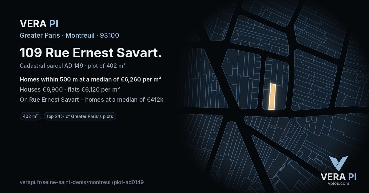109 Rue Ernest Savart, Montreuil at night – the plot lit, the parcels around coloured by the prices near them