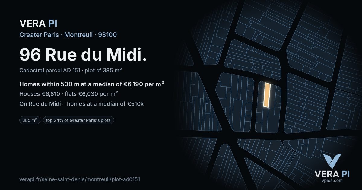 96 Rue du Midi, Montreuil at night – the plot lit, the parcels around coloured by the prices near them