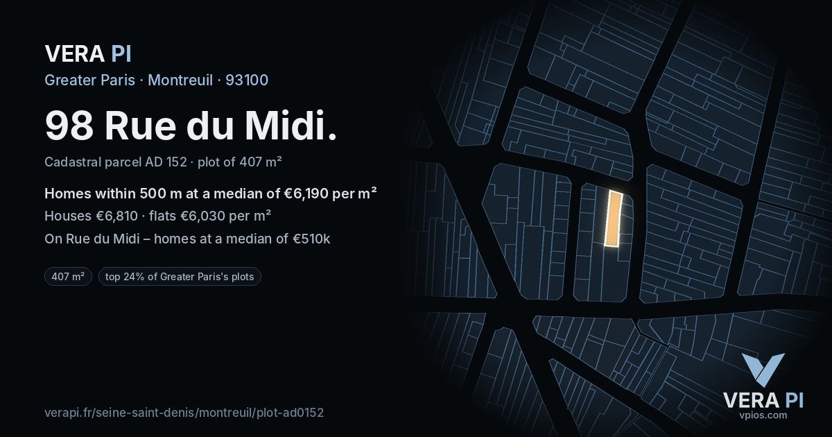 98 Rue du Midi, Montreuil at night – the plot lit, the parcels around coloured by the prices near them