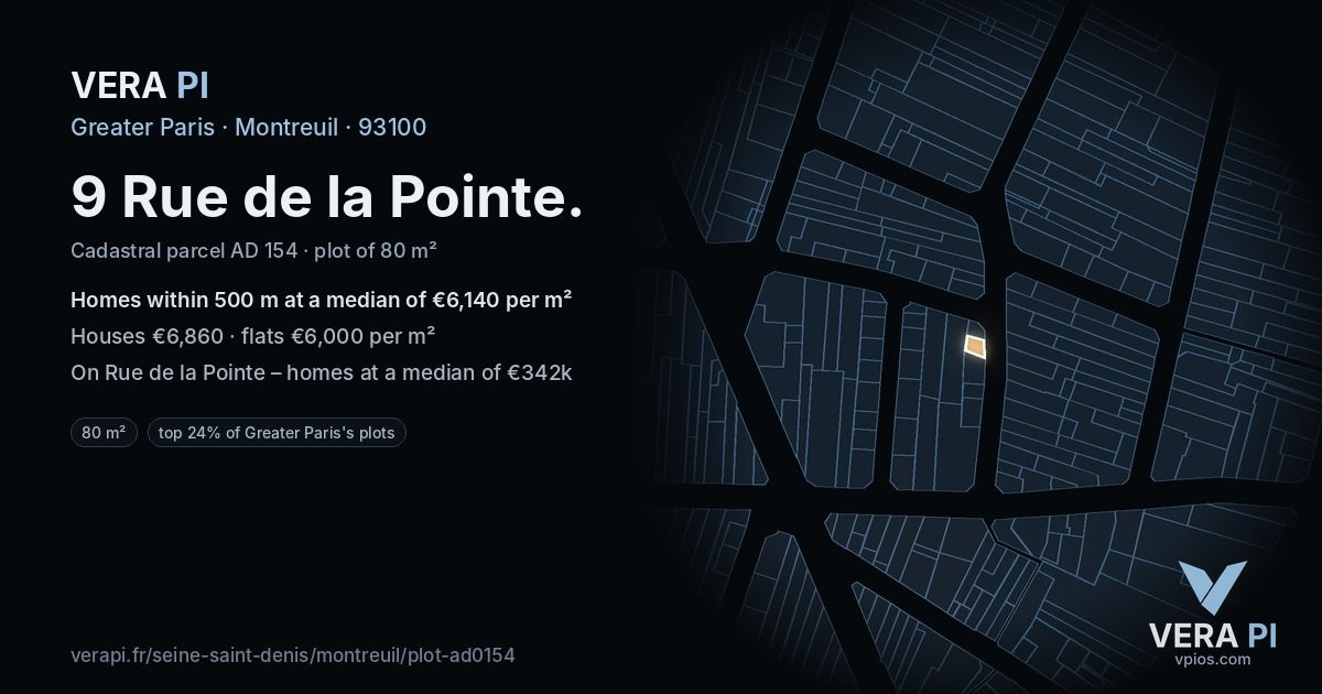 9 Rue de la Pointe, Montreuil at night – the plot lit, the parcels around coloured by the prices near them