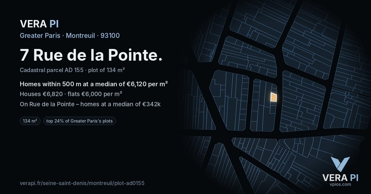 7 Rue de la Pointe, Montreuil at night – the plot lit, the parcels around coloured by the prices near them