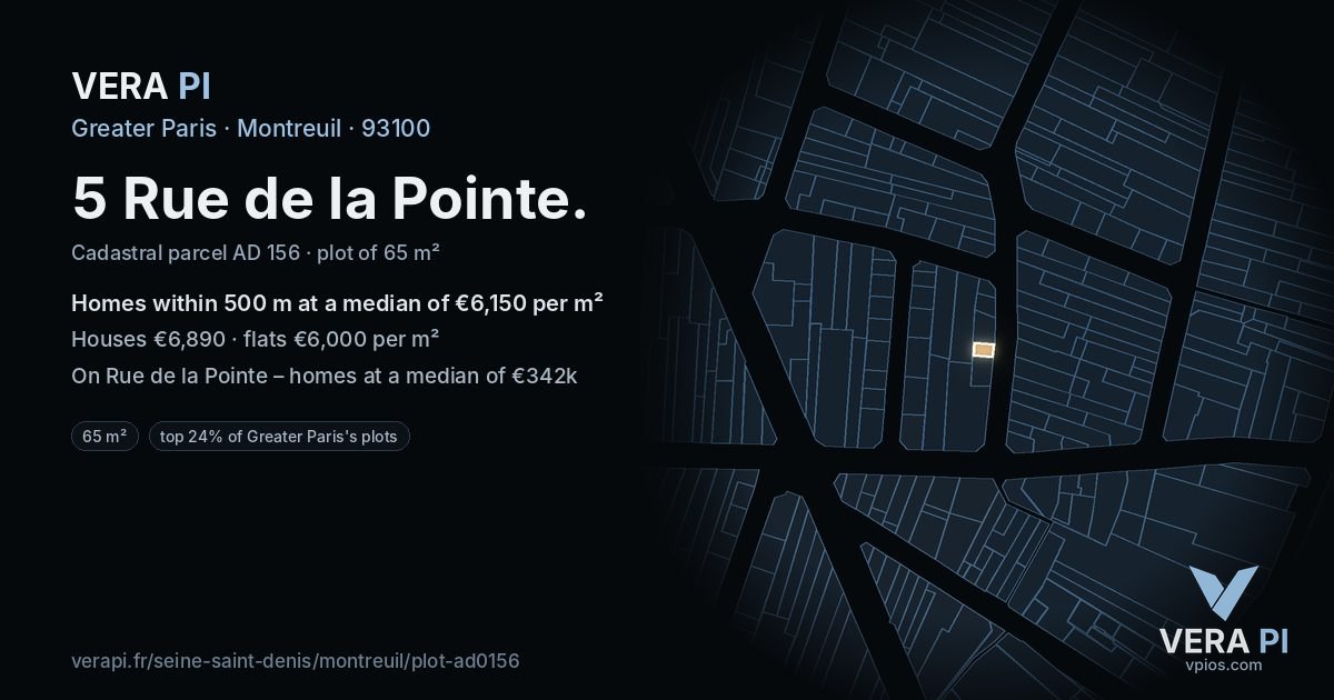 5 Rue de la Pointe, Montreuil at night – the plot lit, the parcels around coloured by the prices near them