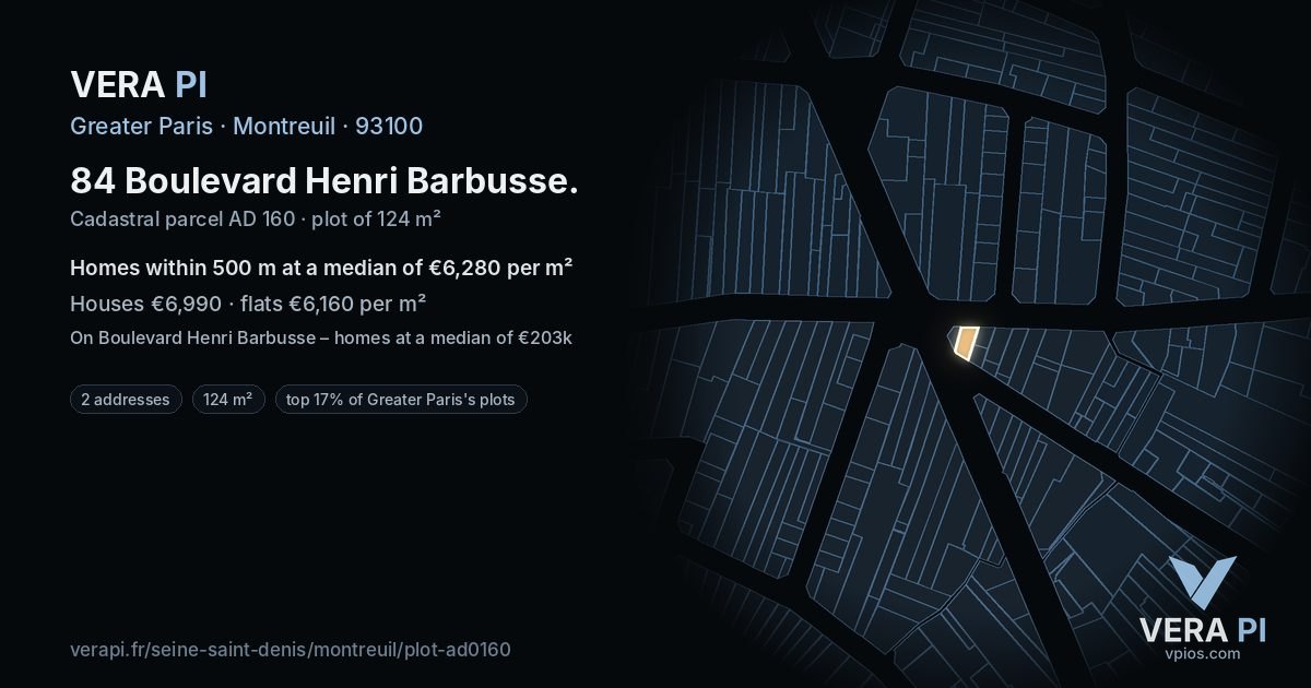 84 Boulevard Henri Barbusse, Montreuil at night – the plot lit, the parcels around coloured by the prices near them