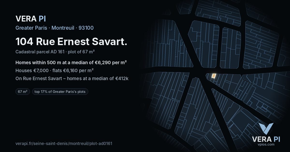 104 Rue Ernest Savart, Montreuil at night – the plot lit, the parcels around coloured by the prices near them