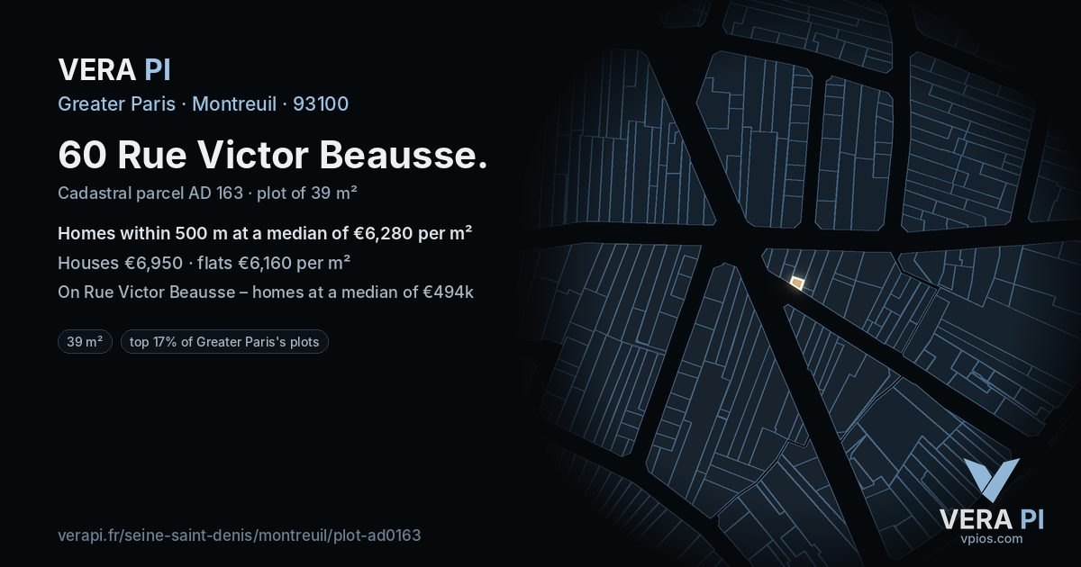 60 Rue Victor Beausse, Montreuil at night – the plot lit, the parcels around coloured by the prices near them