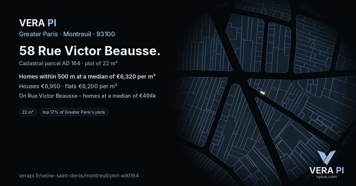 58 Rue Victor Beausse, Montreuil at night – the plot lit, the parcels around coloured by the prices near them