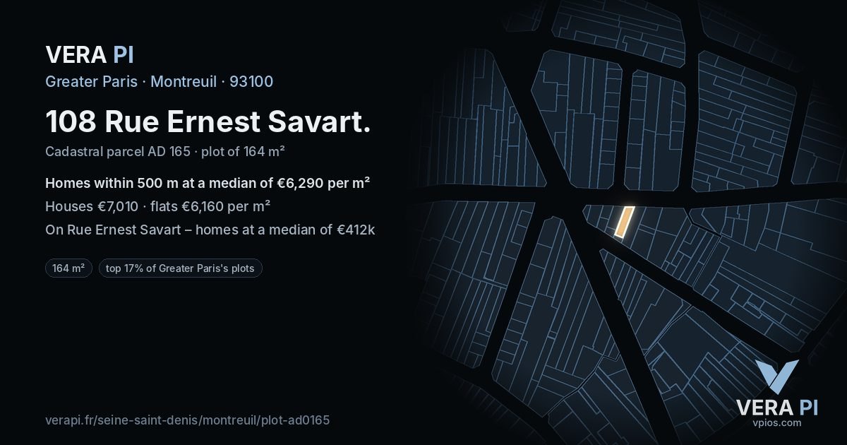 108 Rue Ernest Savart, Montreuil at night – the plot lit, the parcels around coloured by the prices near them