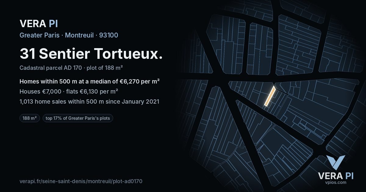 31 Sentier Tortueux, Montreuil at night – the plot lit, the parcels around coloured by the prices near them