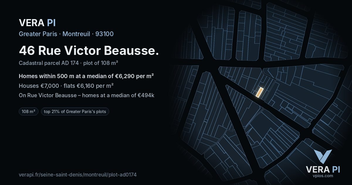 46 Rue Victor Beausse, Montreuil at night – the plot lit, the parcels around coloured by the prices near them