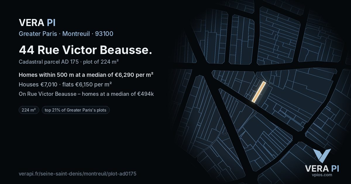 44 Rue Victor Beausse, Montreuil at night – the plot lit, the parcels around coloured by the prices near them
