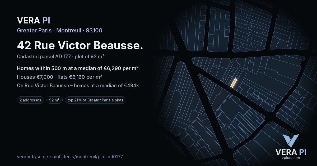 42 Rue Victor Beausse, Montreuil at night – the plot lit, the parcels around coloured by the prices near them