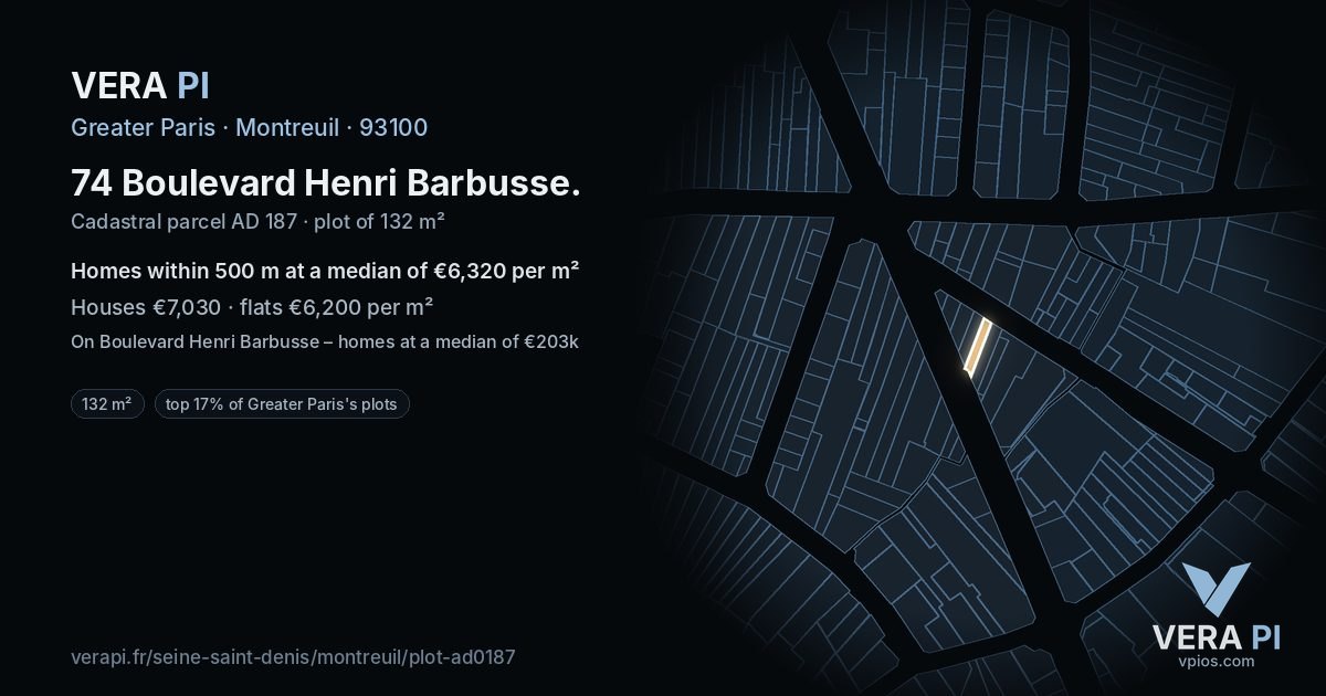74 Boulevard Henri Barbusse, Montreuil at night – the plot lit, the parcels around coloured by the prices near them