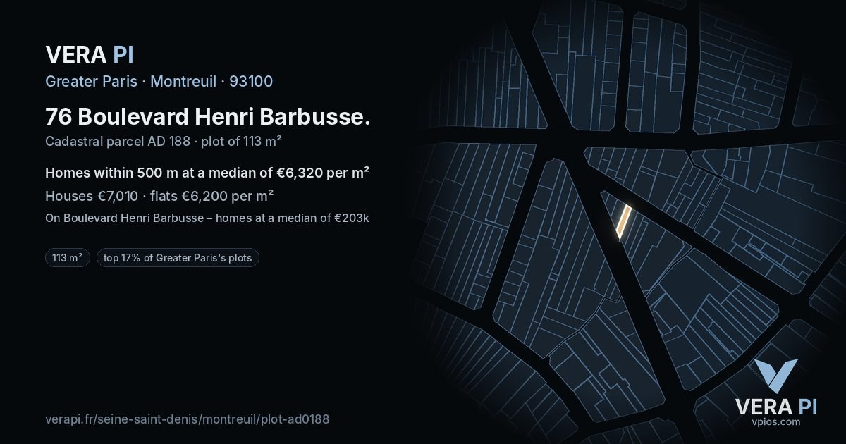76 Boulevard Henri Barbusse, Montreuil at night – the plot lit, the parcels around coloured by the prices near them