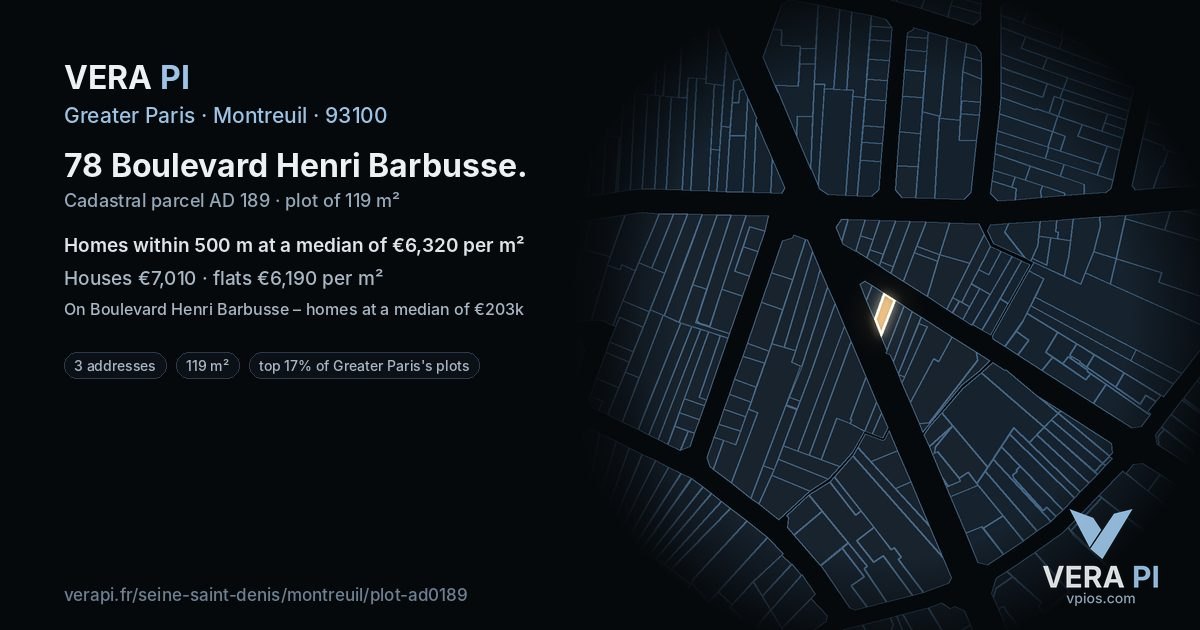 78 Boulevard Henri Barbusse, Montreuil at night – the plot lit, the parcels around coloured by the prices near them